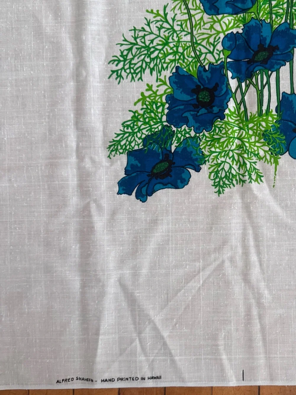 Vintage Alfred Shaheen Fabric Hawaiian floral blue hand panted 60s